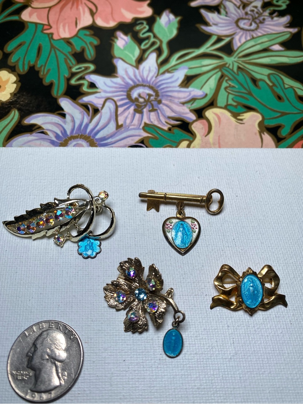 Vintage Blue Cabochon Religious Charm Pin Collection
